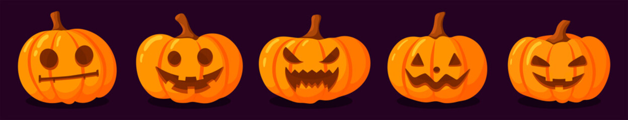 set of pumpkins on a dark background with cut out smiles. Orange pumpkin with a smile for your design for the holiday Halloween. Vector illustration.