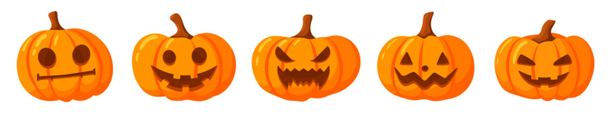 set of pumpkins on a white background with cut out smiles. Orange pumpkin with a smile for your design for the holiday Halloween. Vector illustration.