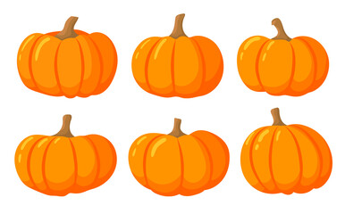 Pumpkin cartoon set. Halloween holiday. Thanksgiving, farm harvest, squash closeup, vegetable.