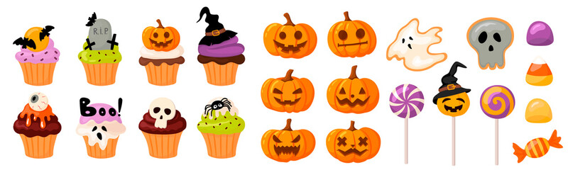 mega set of sweets and Halloween pumpkins. cupcakes and muffins, pumpkins with cut faces, candy on a stick, caramel, gingerbread in cartoon style. - obrazy, fototapety, plakaty