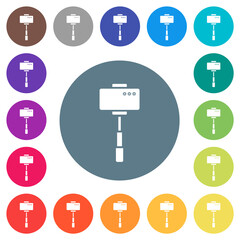 Smartphone on selfie stick back view flat white icons on round color backgrounds