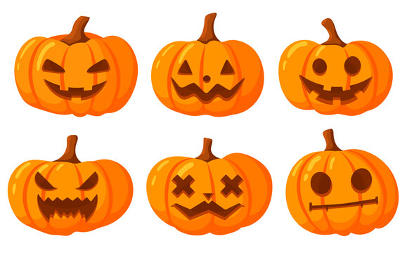 set of pumpkins on a white background with cut out smiles. Orange pumpkin with a smile for your design for the holiday Halloween. Vector illustration.