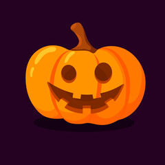 pumpkin on a dark background with a carved smile. Orange pumpkin with a smile for your design for the holiday Halloween. Vector illustration.