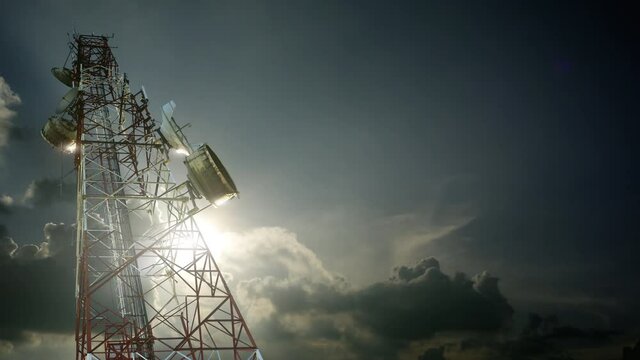 Telecommunication tower with mobile 5G cellular, digital data and microwave signal network antenna time lapse : Communication concept