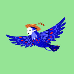 blue lilac flying bird with white mask and hat on green background 
