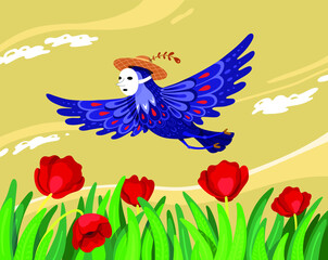 face white mask blue lilac bird fly over red flower poppy field