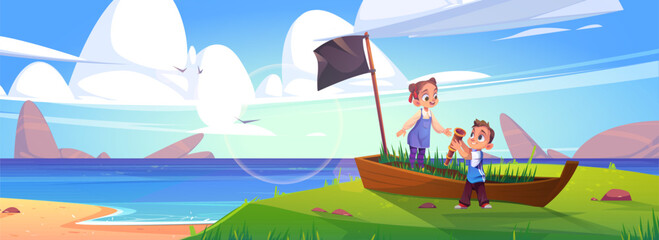 Kids play in pirates on sea beach with old boat. Vector cartoon illustration of summer landscape of sand ocean shore with broken ship in grass with black flag and children with spyglass