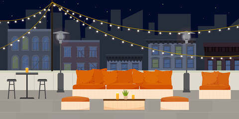 Flat vector illustration of rooftop terrace bar lounge at night with cozy warm couches and chairs on the background of city scape with walk-up buildings and skyscrapers.