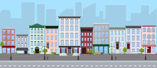 Flat vector illustration of summer city street with walk-up residential apartment buildings, houses, stores, restaurants on the road with cityscape background with skyscrapers. 