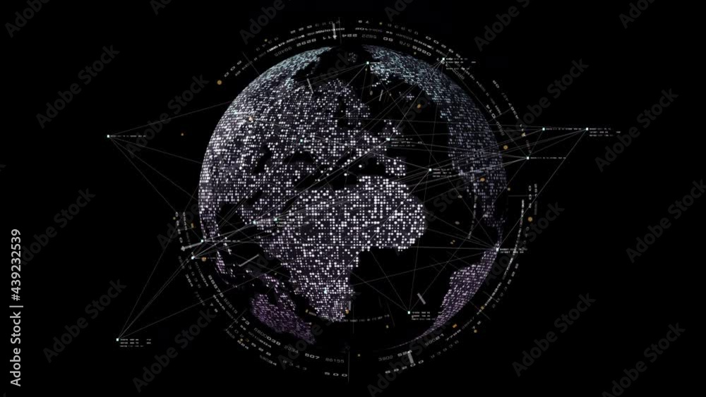 Poster Futuristic global satellite GPS communication networks for broadband internet connections between cities around the world with matrix particles continent map for head up display background