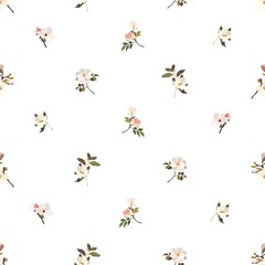 Vintage flowers. Seamless pattern. A branch of a blossoming tree. Flat vector isolated illustration. Pastel colors.