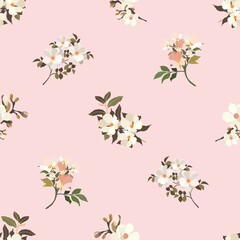 Vintage flowers. Seamless pattern. A branch of a blossoming tree. Flat vector isolated illustration. Pastel colors.