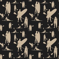 Seamless backgroung. Men and women with surf board