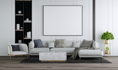 Home and decoration mock up furniture and interior design of modern cozy living room and empty frame canvas on the white wall texture background, 3d rendering