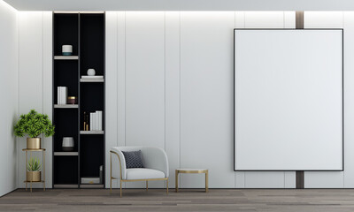 Home and decoration mock up furniture and interior design of modern living room and empty frame canvas on the white wall texture background, 3d rendering