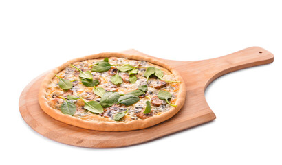 Delicious vegetarian pizza on white background