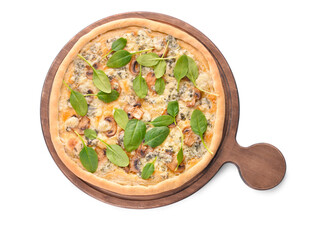 Delicious vegetarian pizza on white background