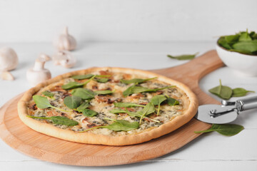 Delicious vegetarian pizza on wooden background