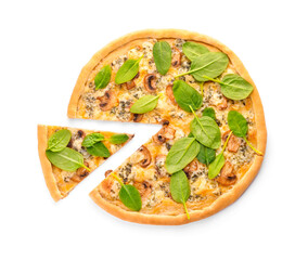 Delicious vegetarian pizza with spinach and mushrooms on white background