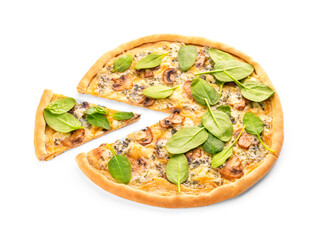 Delicious vegetarian pizza with spinach and mushrooms on white background