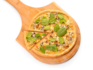 Delicious vegetarian pizza with spinach and mushrooms on white background