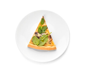 Slice of delicious vegetarian pizza on white background