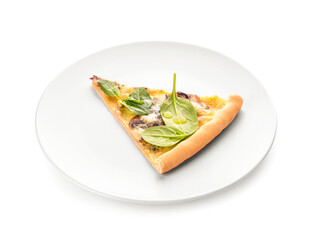 Slice of delicious vegetarian pizza on white background