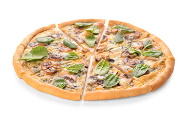 Delicious vegetarian pizza with mushrooms and spinach on white background