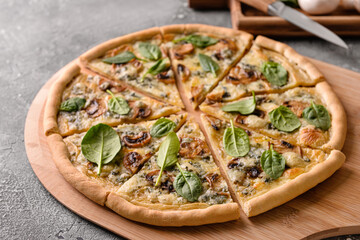 Tasty vegetarian pizza on grey background, closeup