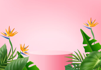 Fototapeta na wymiar 3d pink flamingo render for summer, background product display podium scene with green leaf geometric platform. background vector 3d render with podium. stand to show cosmetic product display studio