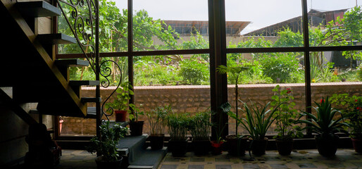 Fototapeta na wymiar View of the courtyard behind the window