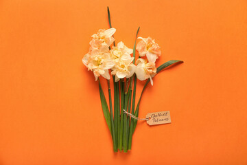 Beautiful narcissus flowers and shopping tag with text DAFFODIL PALMARES on color background