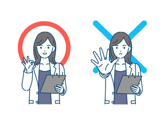 医者　女医　薬剤師　ドクターストップ　カウンセラー　白衣を着た女性　正解と間違い　イラスト素材