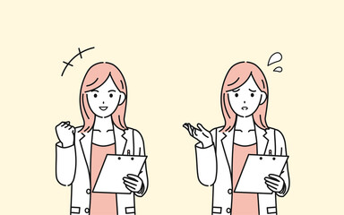 医者　女医　薬剤師　カウンセラー　白衣を着た女性　ガッツポーズ　悩む　困る　イラスト素材