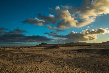 volcanic landscape at sunset on the volcanic island of Fuerteventura, slas canarias, spain