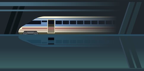 Fototapeta premium High-speed train Suburban and urban underground transport. Railway with a locomotive. Station Metro. Dark illustration. Flat style design. Vector