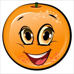 Orange cheerful smile. Juicy red fruit with a muzzle. Cartoon style. Isolated over white background. Vector illustration.