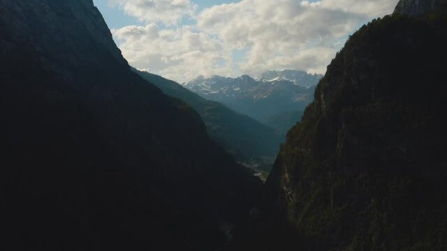 Cencenighe Agordino with Auta chain mountain range and Marmolada in background, Italy.  Aerial