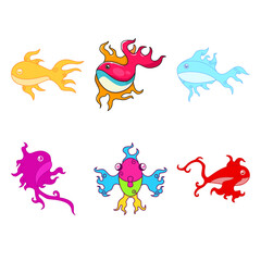 six fish illustrations, beautiful and colorful. yellow,pink,blue,purple and red