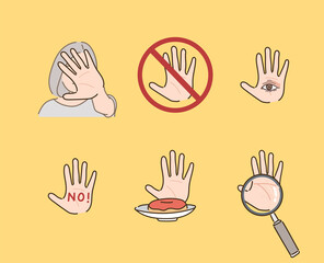 Hands giving rejection and prohibition signs. hand drawn style vector design illustrations. 