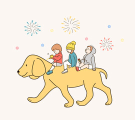 Cute children are riding a big dog. hand drawn style vector design illustrations. 