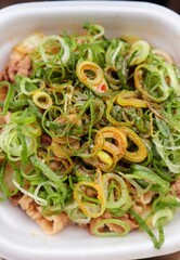 日本のファストフード店のネギ牛丼のクローズアップ