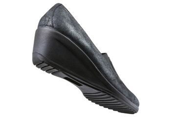 black women's shoes made of suede, wedge soles, levitate, as if walking, on a white background