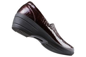 women's burgundy patent leather shoes with thick heels, reptile skin, as if walking, on a white background