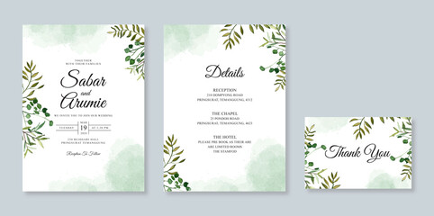 Fototapeta na wymiar Wedding invitation card template with watercolor greenery