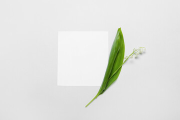 Beautiful lily-of-the-valley flowers and blank card on white background