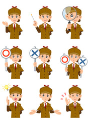 女性の探偵の上半身の9種類の表情と仕草のセット2
