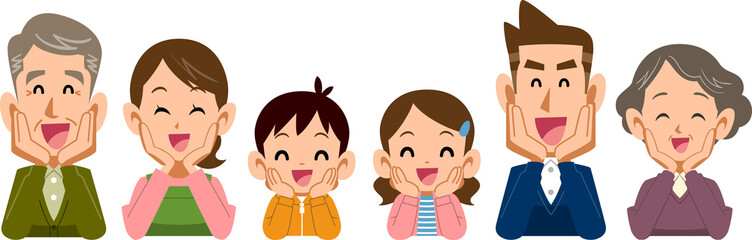 笑顔で頬杖をつく三世代家族
