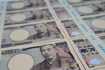 日本の大量の一万円札のクローズアップ