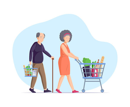 Asian Mature Couple Going With Shopping Cart Basket Buying Grocery At Supermarket Carrying Purchase